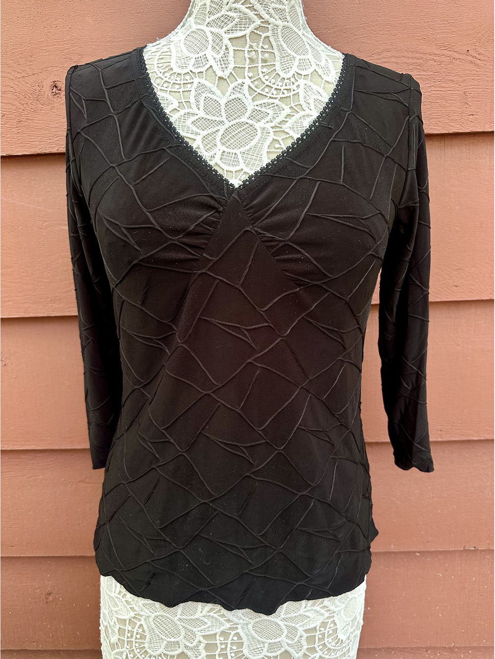 Wrapper‎ Black Textured V-Neck Long Sleeve Top Casual Office Wear